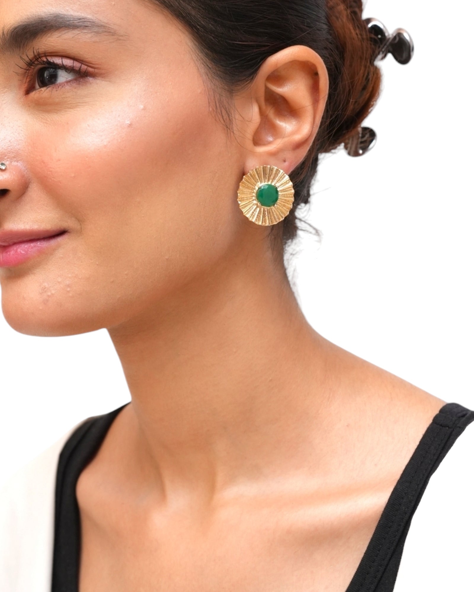 Model wearing Verde Studs from SU Jewelry’s Soffio Collection

