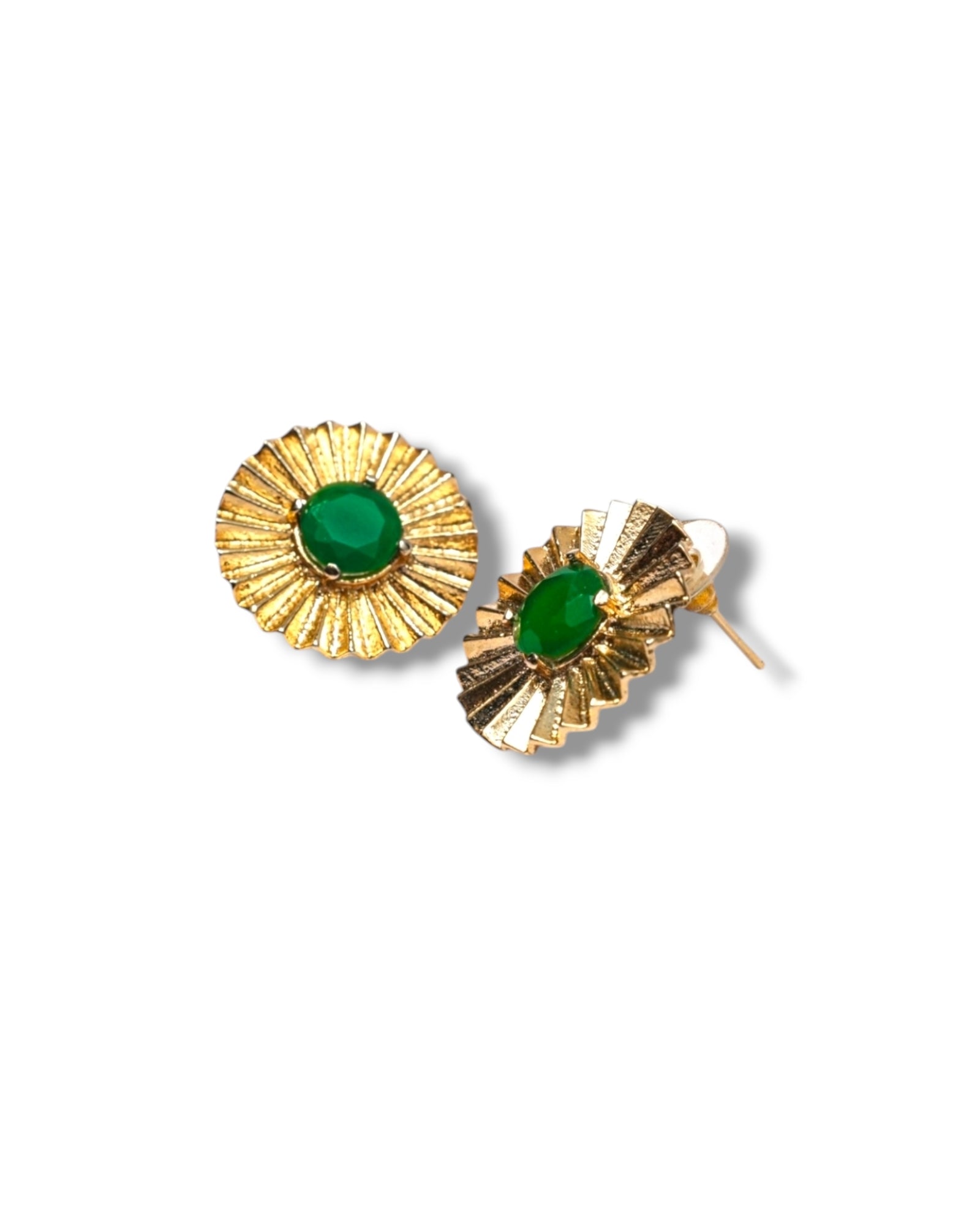 Close-up of Verde Studs featuring fan-inspired design and green onyx

