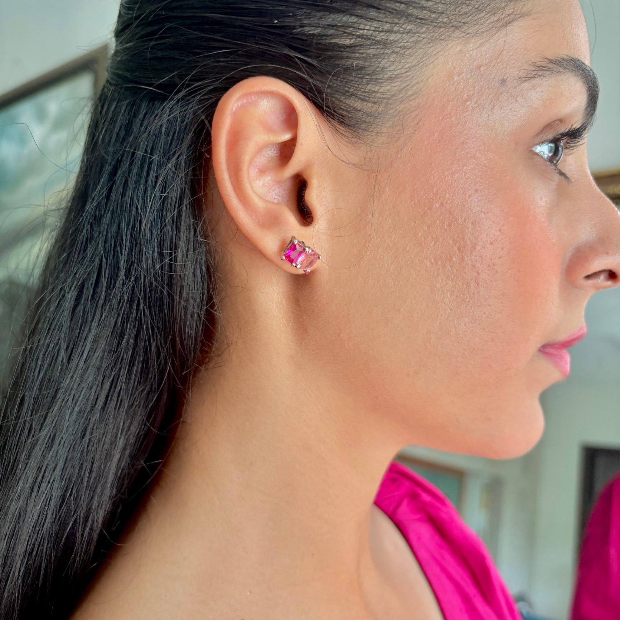 Close-up of Bonded Cut Collection earrings – pink dual stone studs

